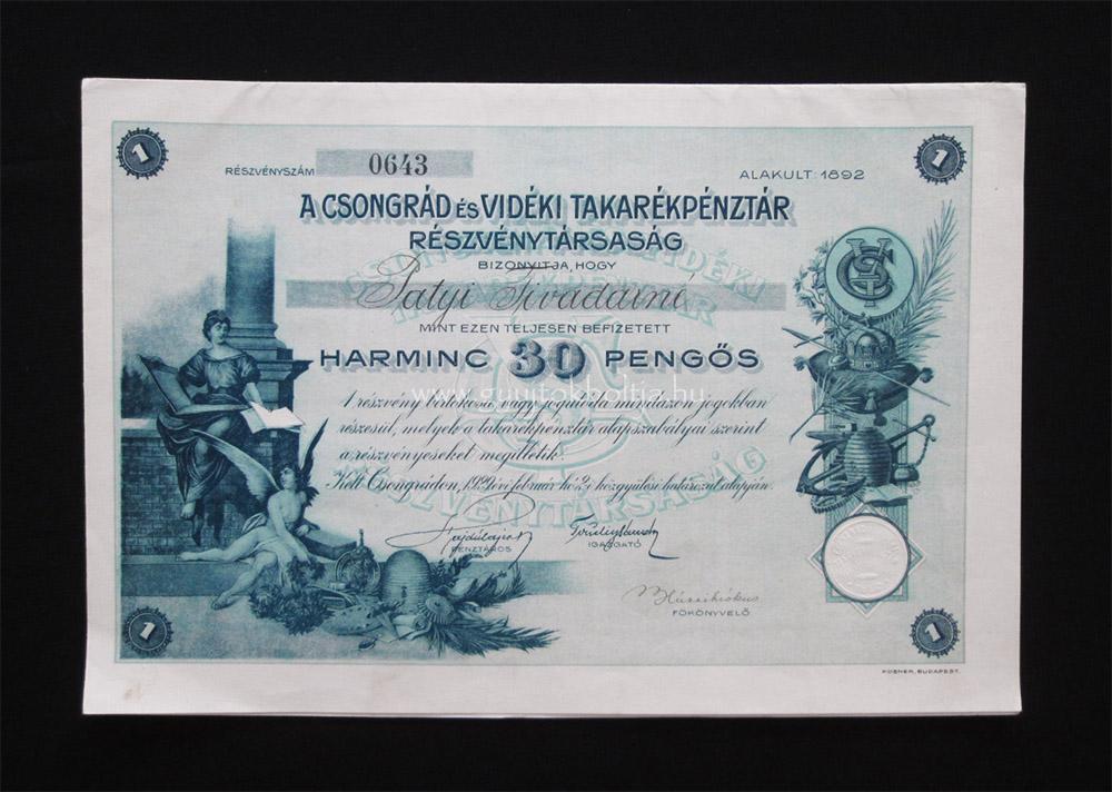 Csongrád és Vidéki Takarékpénztár részvény 30 pengõ 1929